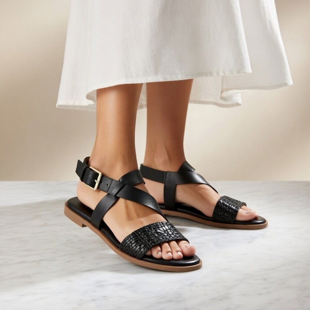 🌟Cole Haan Findra Black Leather Woven Strappy Flat Sandals Size 9B